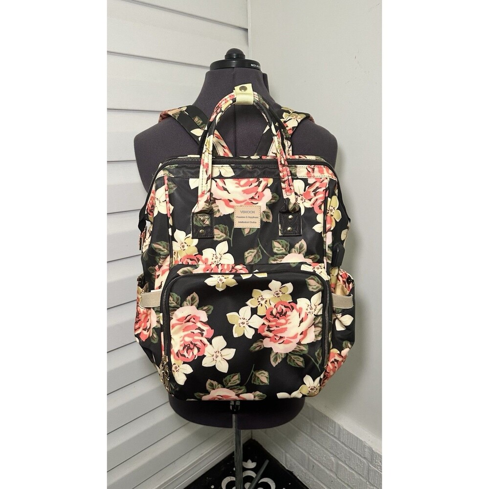 VSNOON Freedom And Happiness Black Floral Backpack Laptop Travel Bag